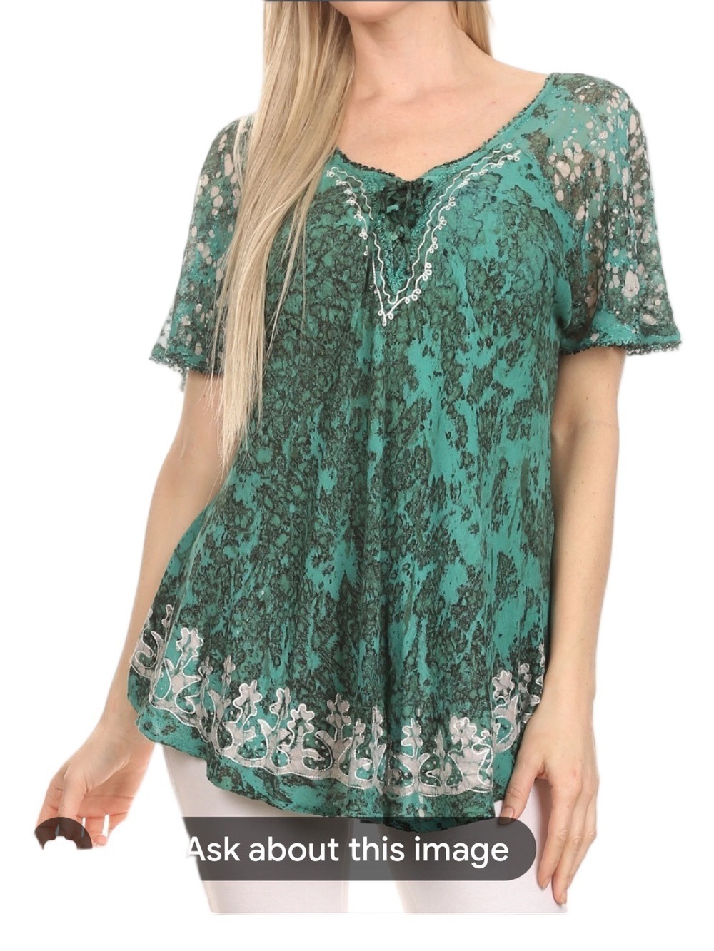 Boho Hand Dyed Embroidered Rayon Blouse Tie Front Sheer Sleeve free size